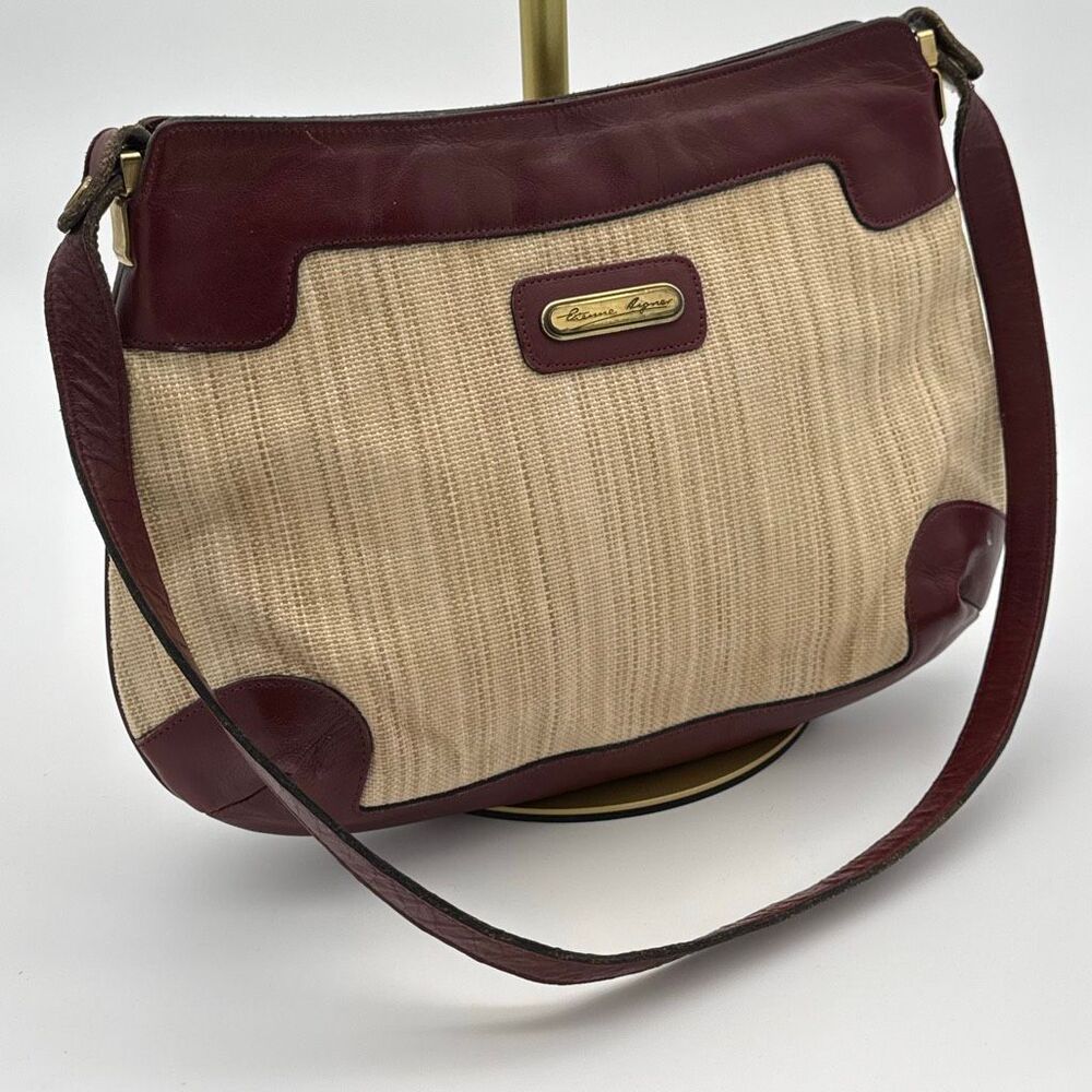 Etienne Aigner Straw Leather Shoulder Bag Burgundy Trim Resort Coastal Classic